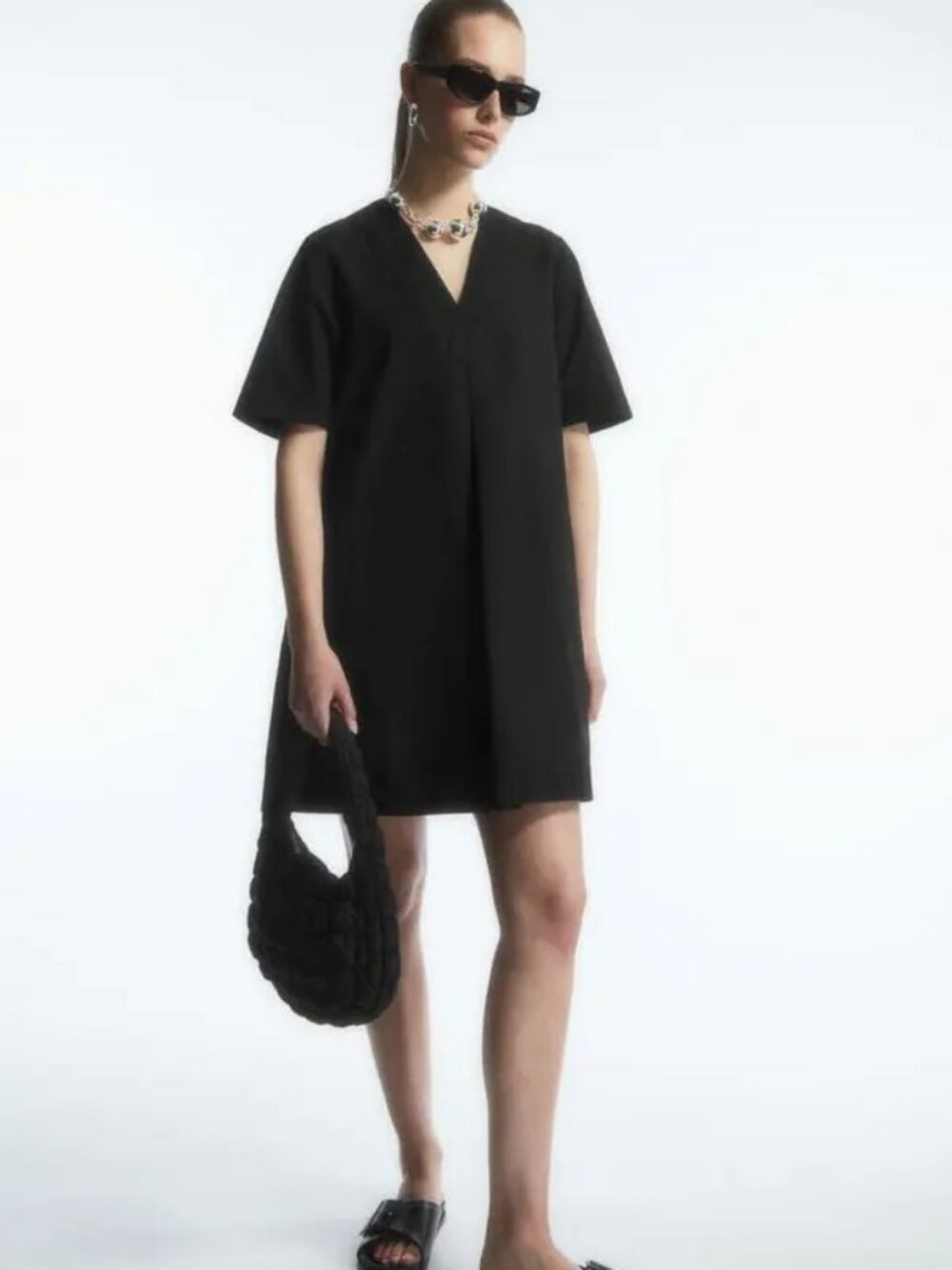 COS Black Pleated V-Neck Dress